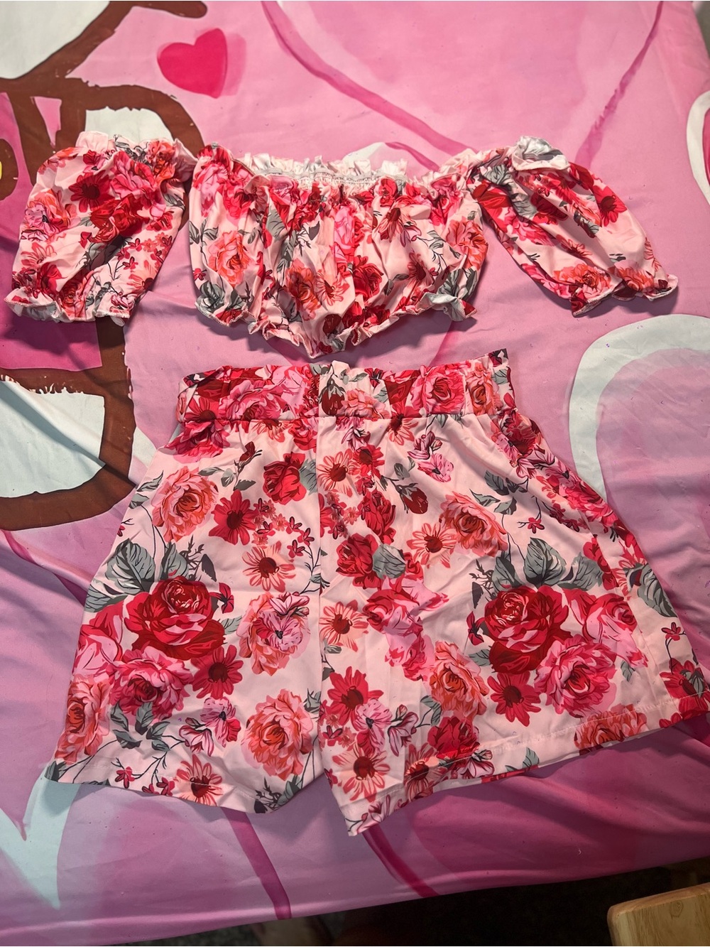 Floral Pink Off-Shoulder Top and Shorts Set